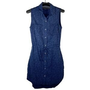 Max Jeans Leopard Print Button Up Dress Cinch Waist Blue XS